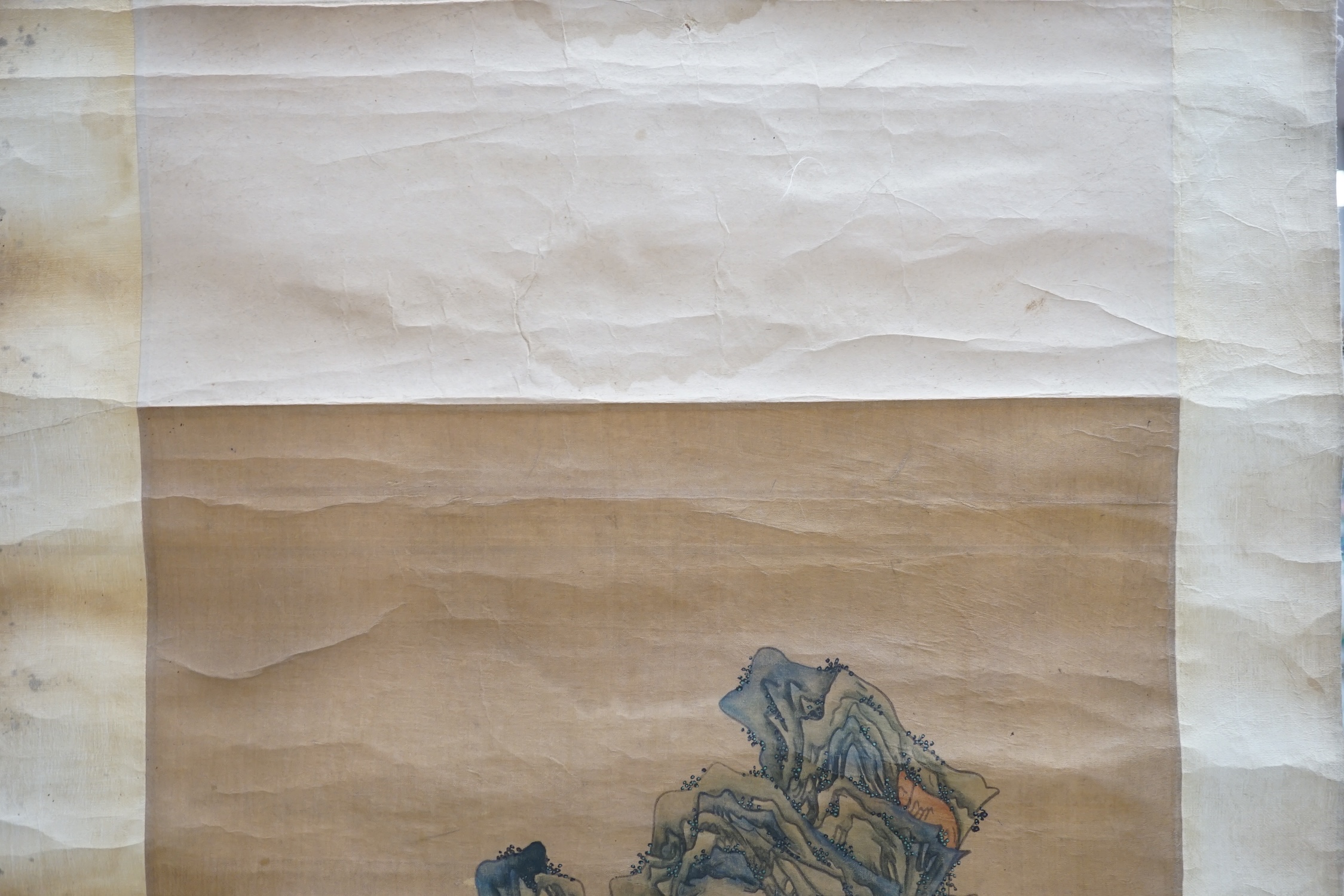 A Chinese scroll painting and scroll rubbing. Condition - poor